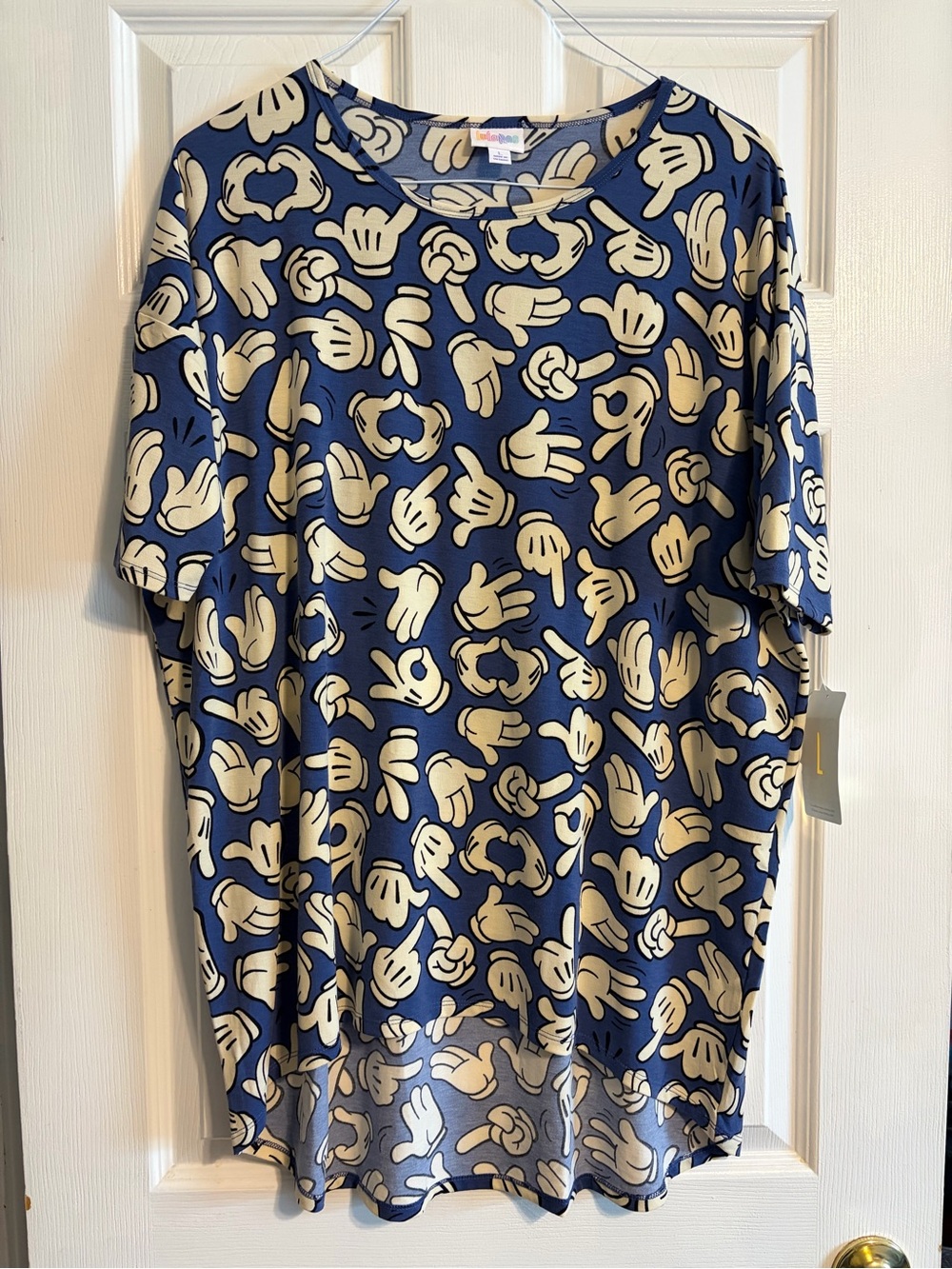 LuLaRoe Disney Irma Tunic Shirt Large L NWT Mickey Mouse Hands Blue High Low